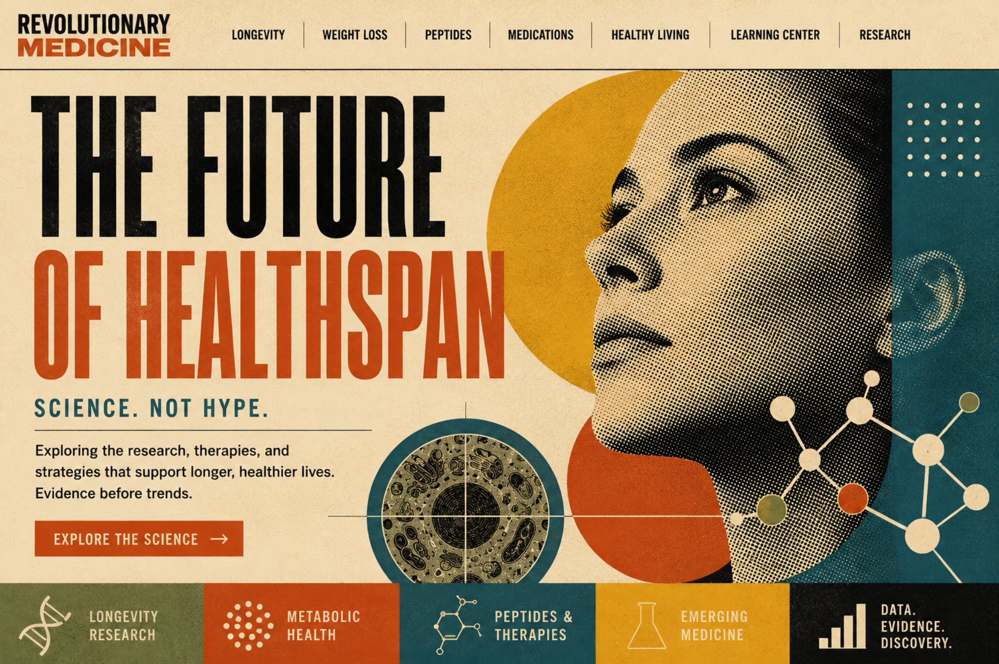 Revolutionary Medicine editorial cover artwork: Rethinking What Medicine Can Do — an independent publication exploring longevity, metabolic health, weight management, peptide science, and healthy aging.