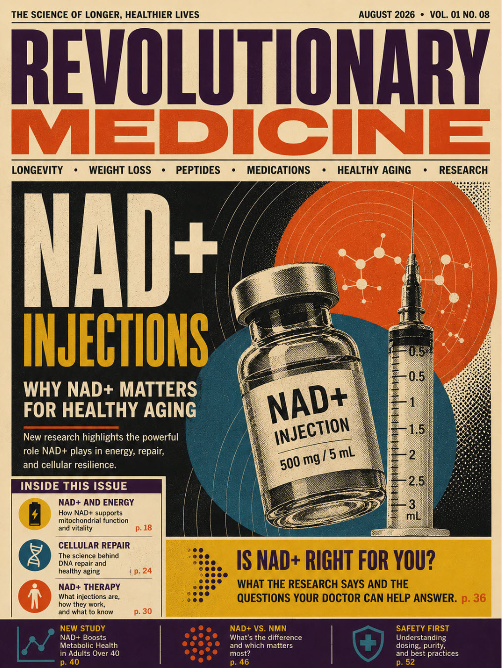 Revolutionary Medicine magazine style cover artwork illustrating NAD+ injections and cellular energy in the context of healthy aging.